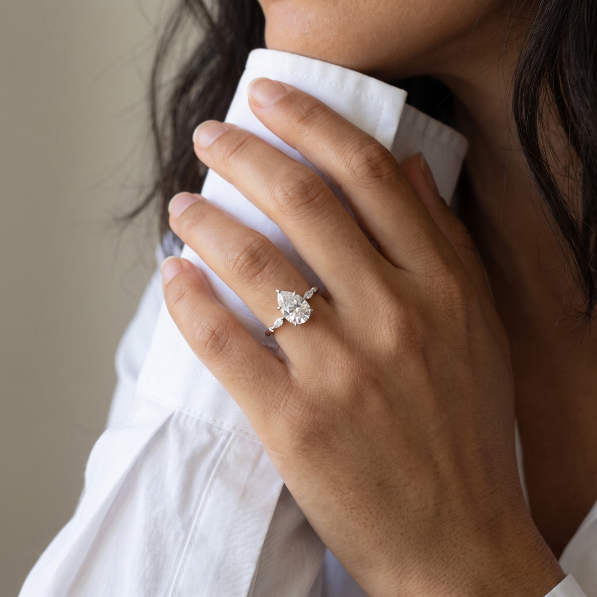 Montier pear ring styled with a white shirt