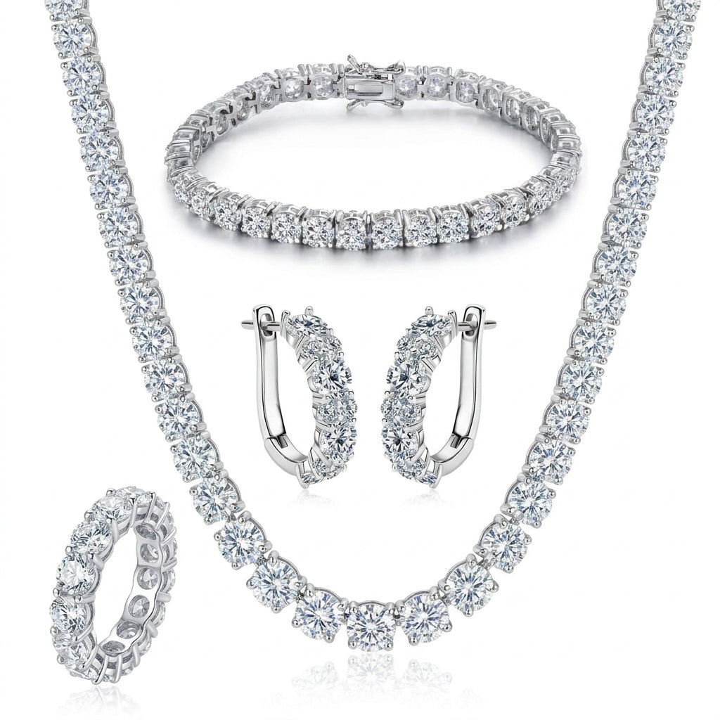 סט טניס מלא 6.5 מ"מ White Gold - שרשרת, צמיד, טבעת איטרניטי, עגילי חישוק 2.76 קראט